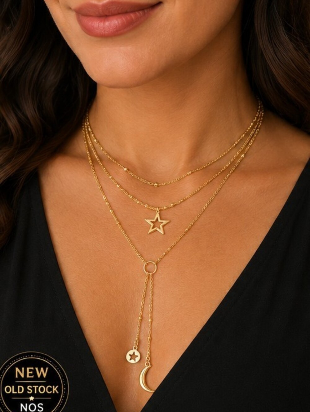 NY Layered Gold Tone Celestial Star Moon Lariat Necklace Boho Y Drop